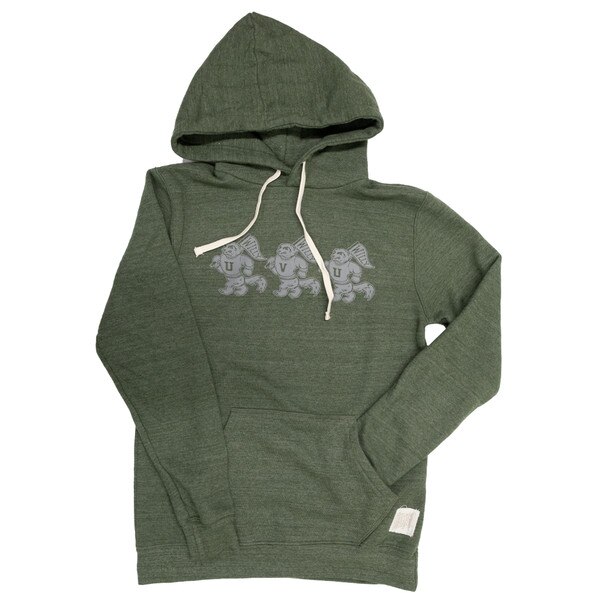 forest green hoodie with 3 vintage cartoon style Willy with a green flag, with their shirts spelling out UVU